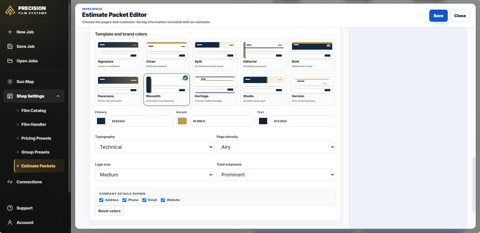 Precision Film Systems Estimate Packet Editor showing ten estimate templates and shop brand color controls