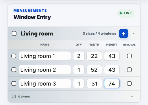 Living-room window measurements in Precision Film Systems, including panes sized 52 by 43 inches