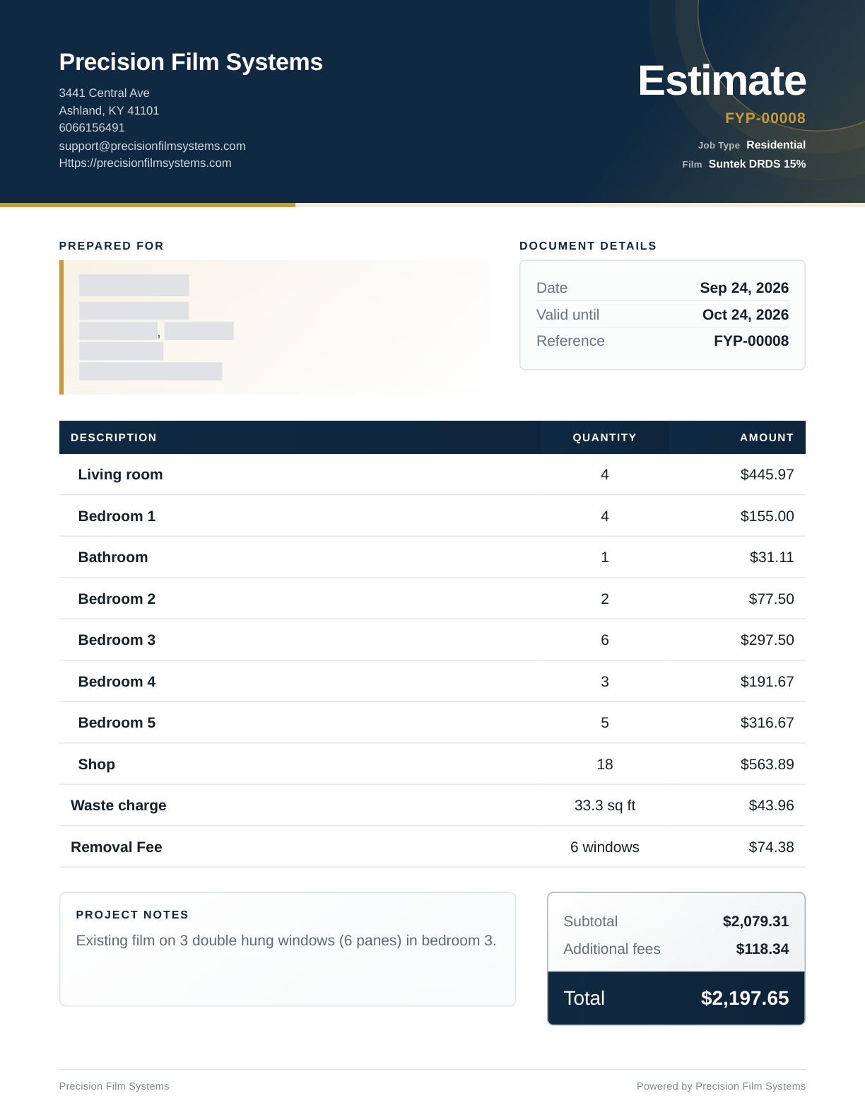 Sample Precision Film Systems estimate with customer information redacted and a total of $2,197.65