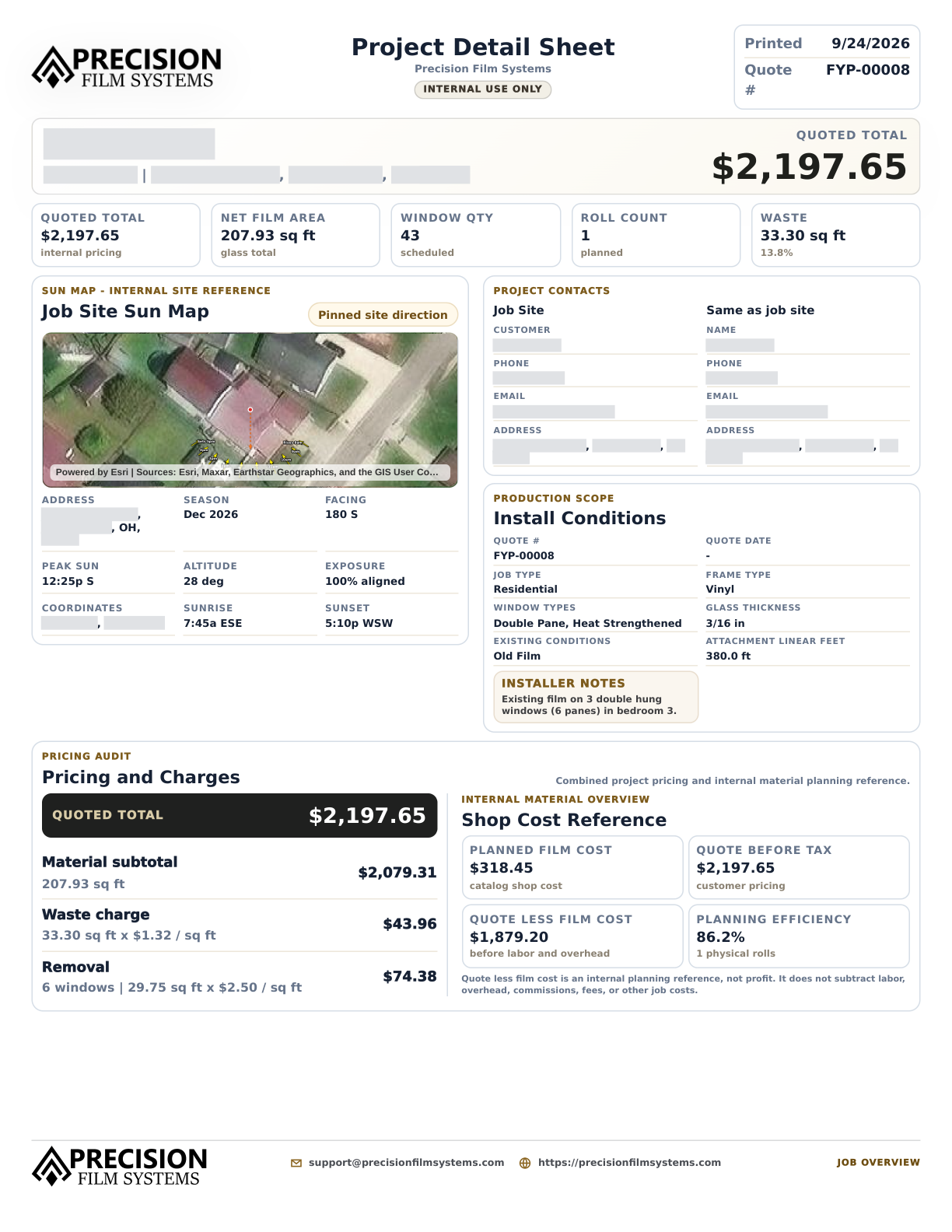Project detail sheet showing charges, planned film cost, measurements, and a Sun Map section