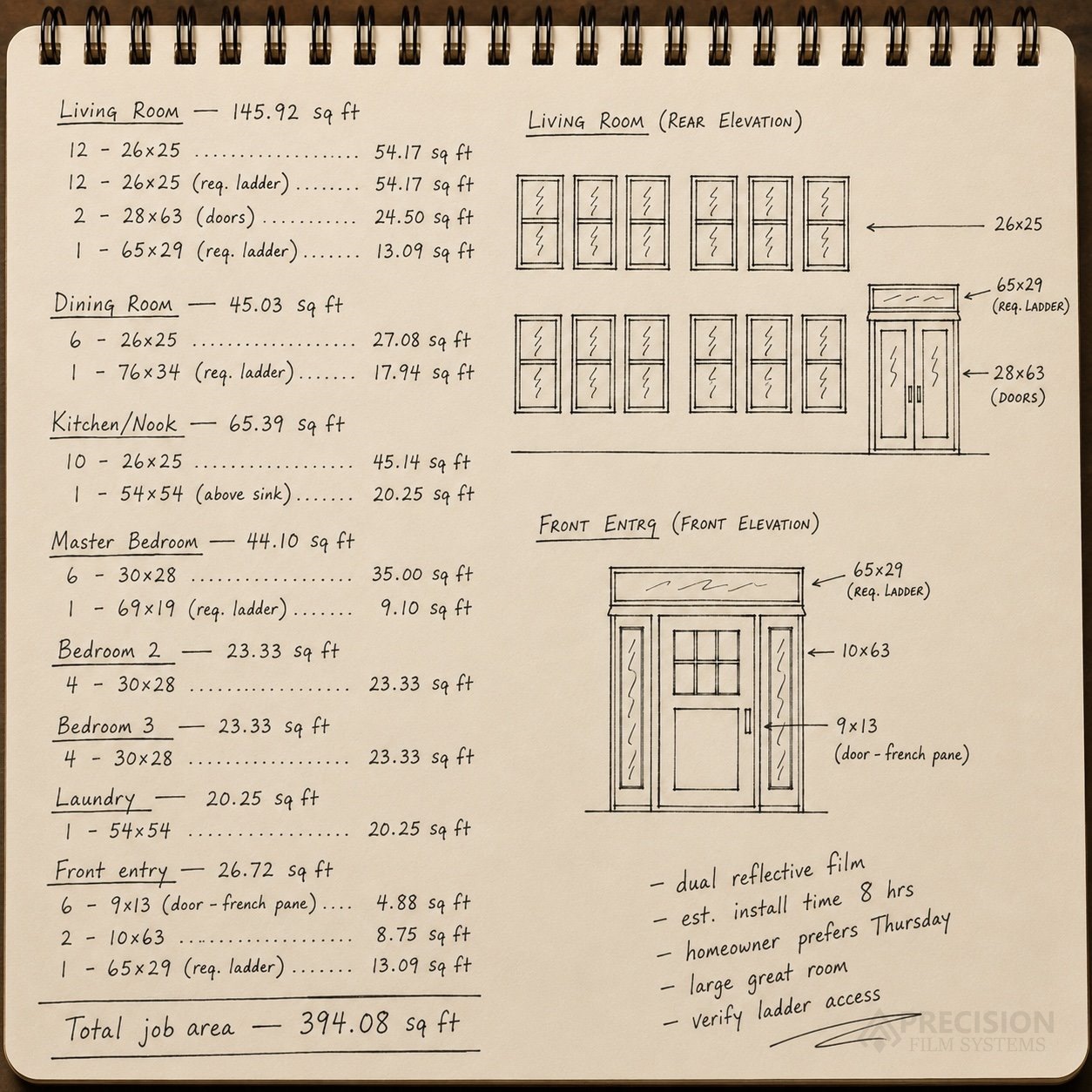 Notebook page with handwritten flat glass measurements, room totals, window sketches, and job notes
