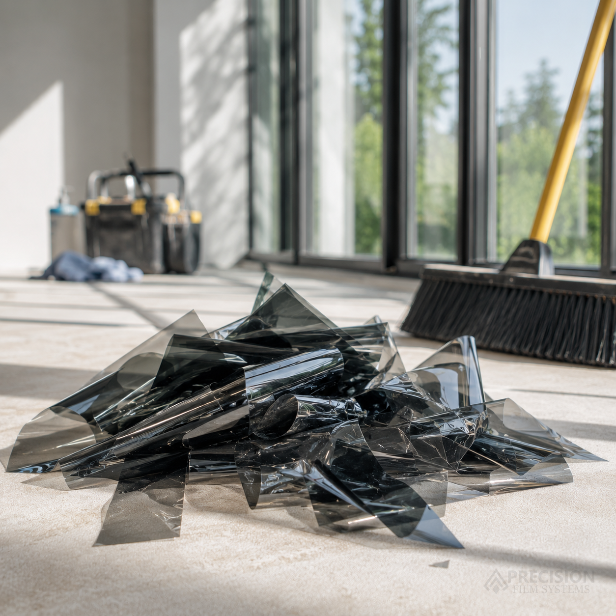 Pile of window film scraps on the floor of a flat glass job site with tools and windows in the background