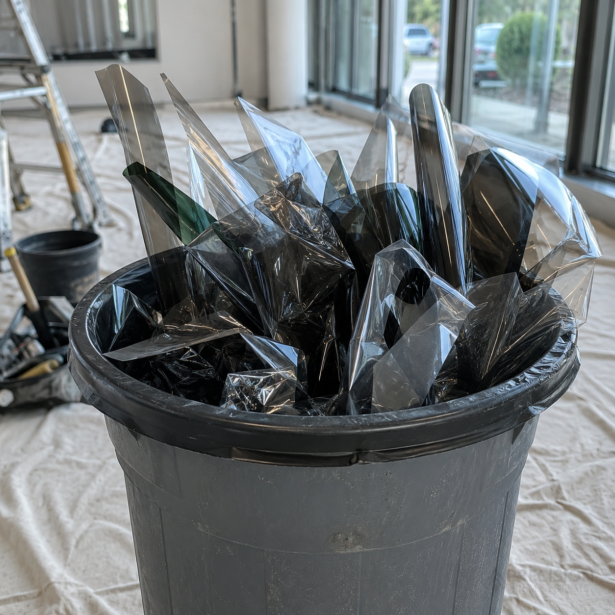 Trash can filled with window film offcuts on a flat glass installation site