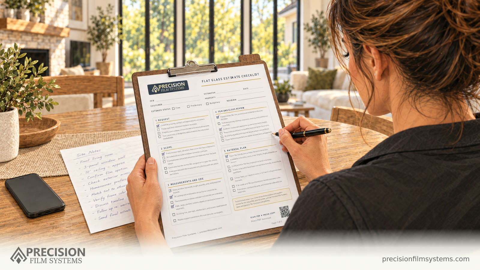 Illustration of an estimator reviewing a flat-glass estimate checklist on a clipboard during a home visit.