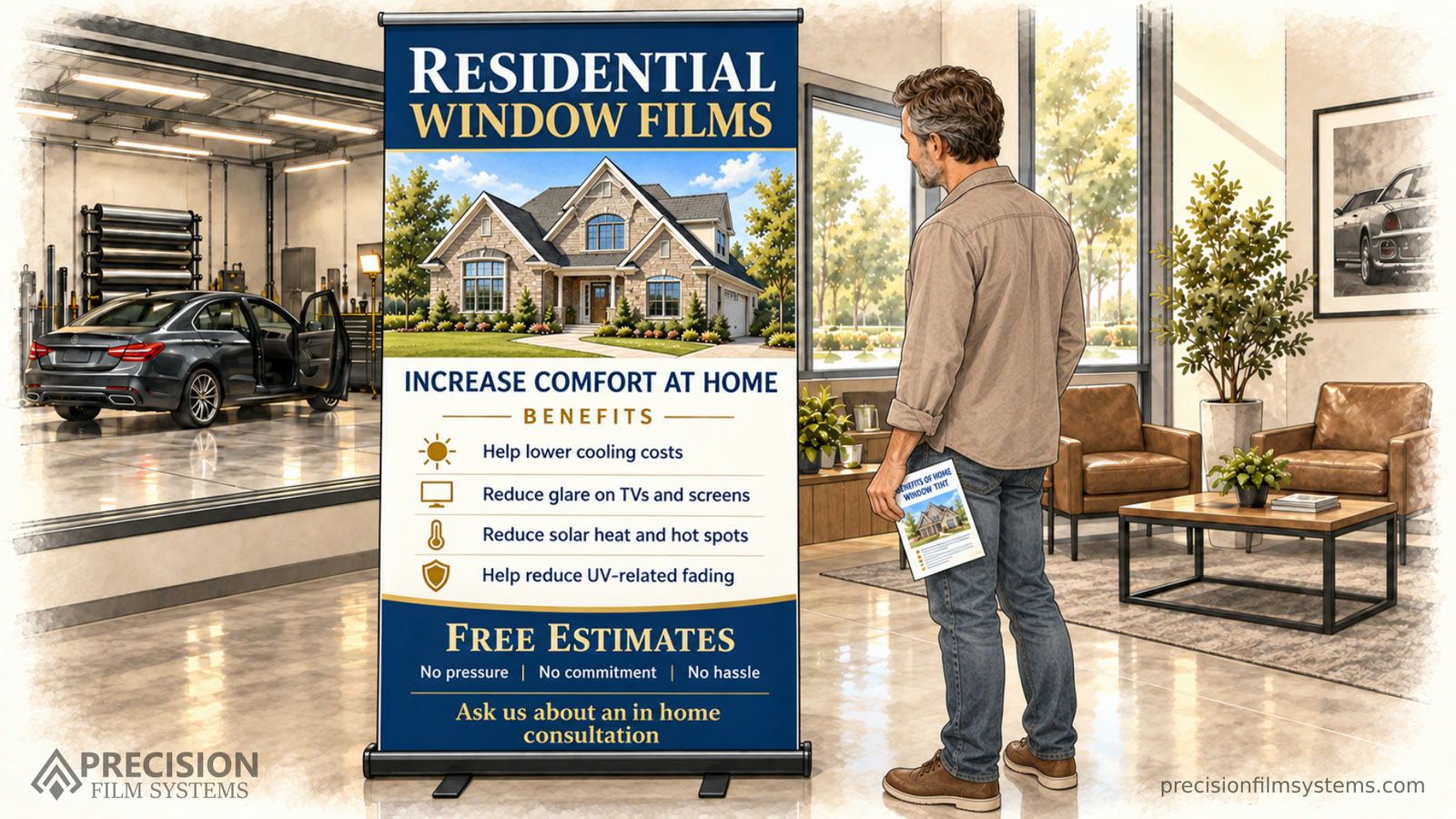 Illustration of an automotive tint customer reading a residential window film banner and holding a brochure.