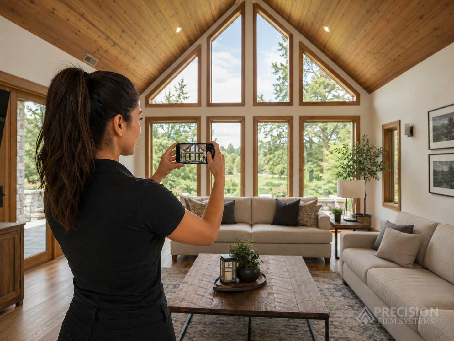 Window film professional taking a phone photo of a living room with large windows during a flat glass estimate