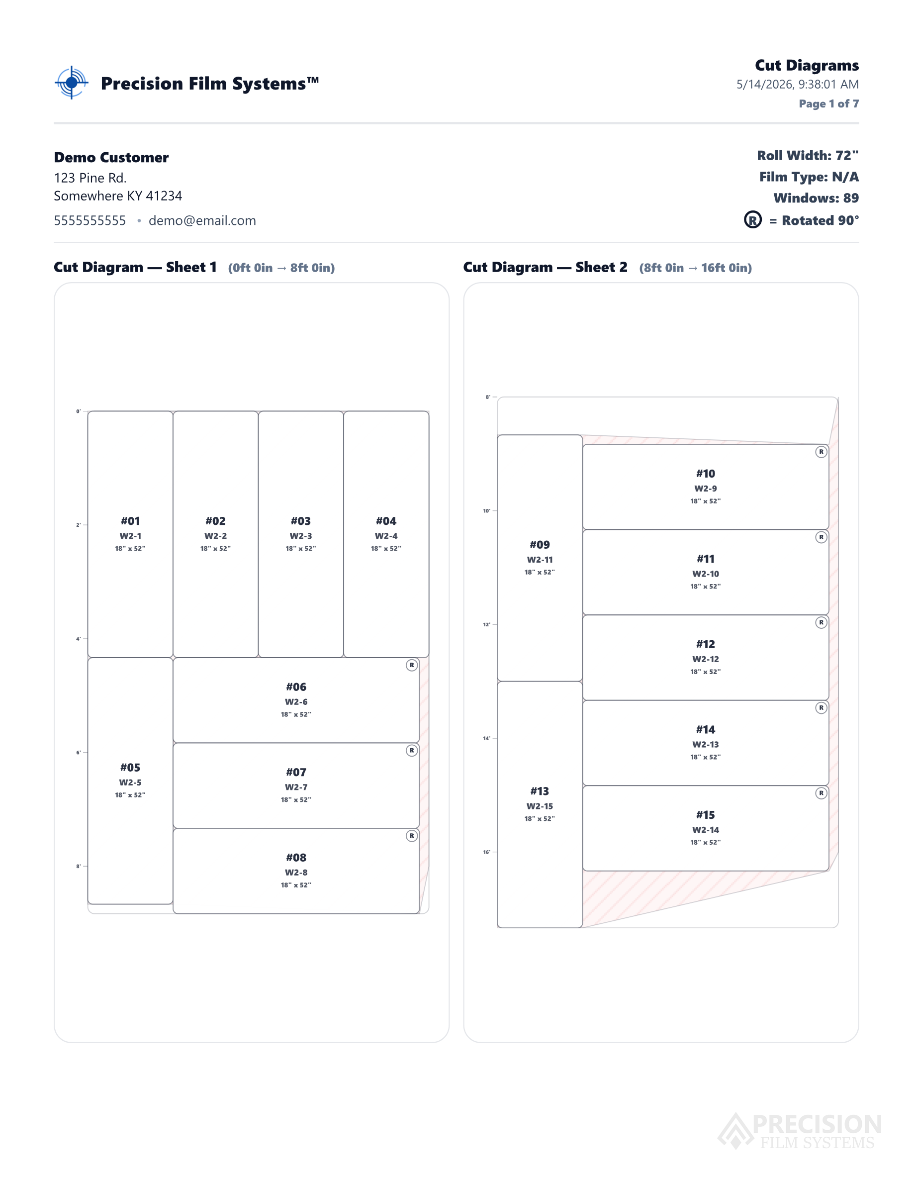 Precision Film Systems cut diagram report showing two roll-width layout sheets for a demo customer