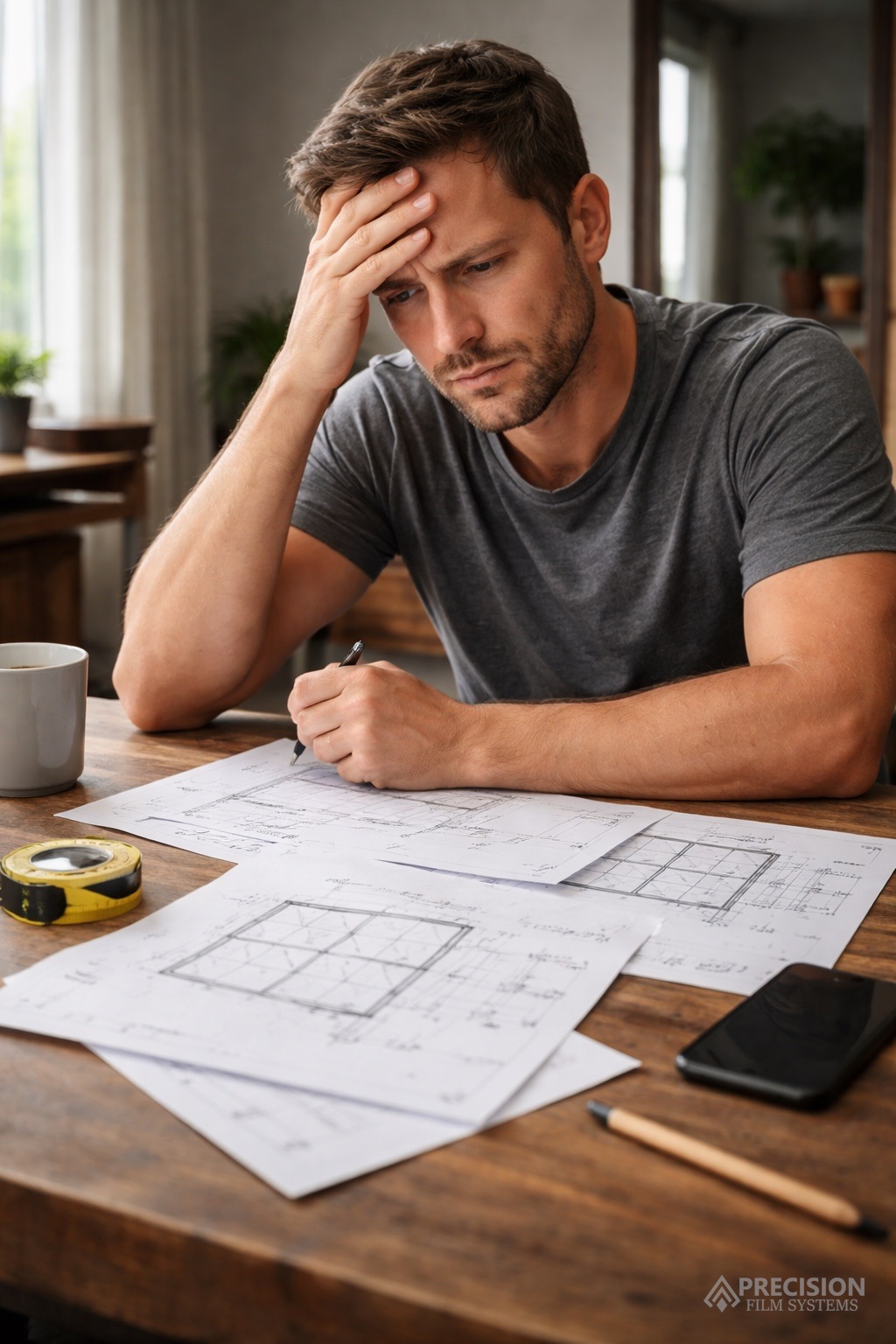 Installer reviewing flat glass planning notes and window sketches at a table