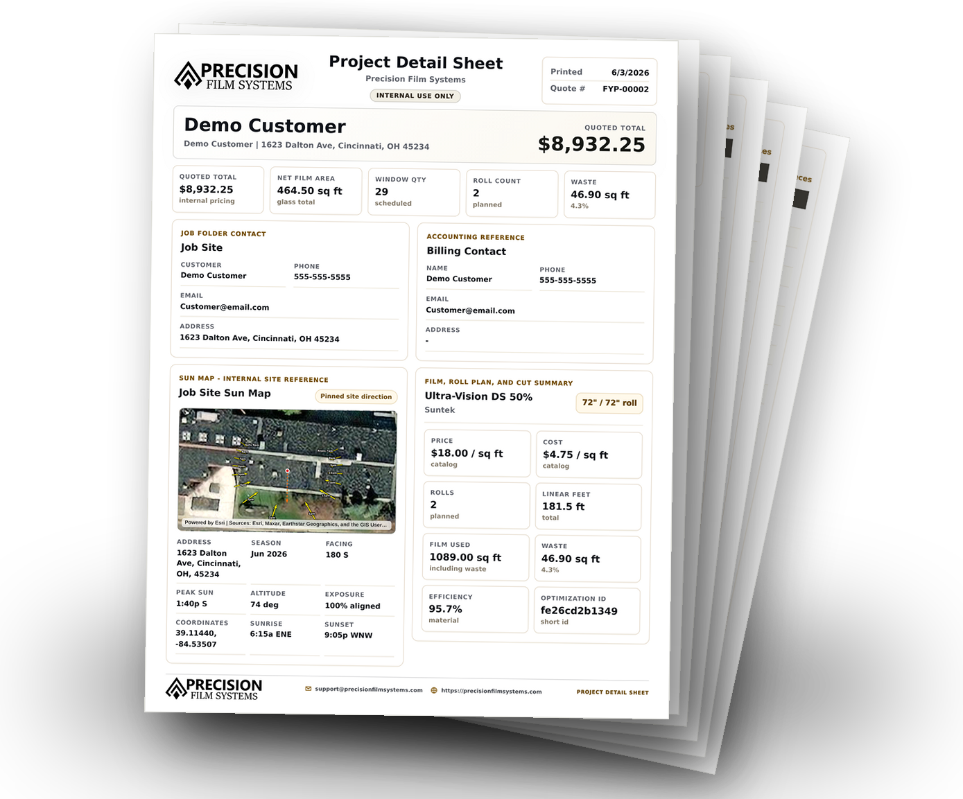 Precision Film Systems project detail sheet with customer information, selected film, roll planning, measurements, and quote totals